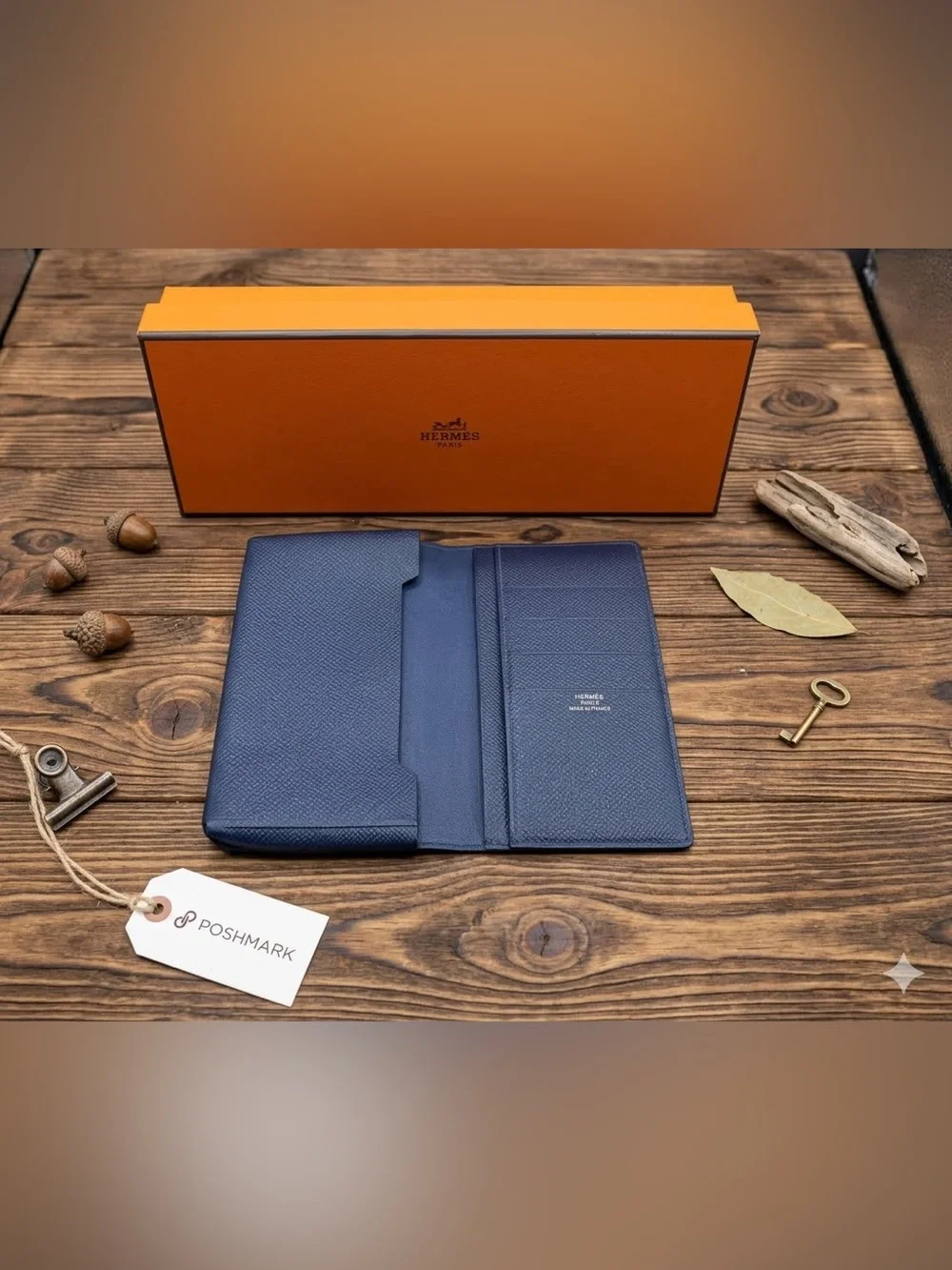 Hermes Indigo Blue Leather Wallet with Box, COA
